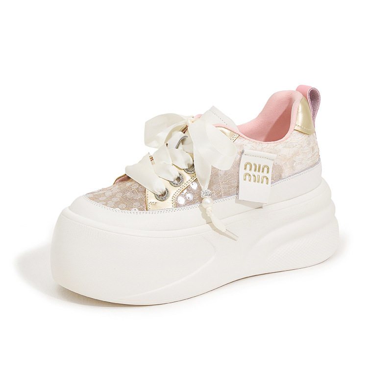 Giày sneaker nữ chunky đế dày trắng platform hở lưng — Hồng vàng, Trắng