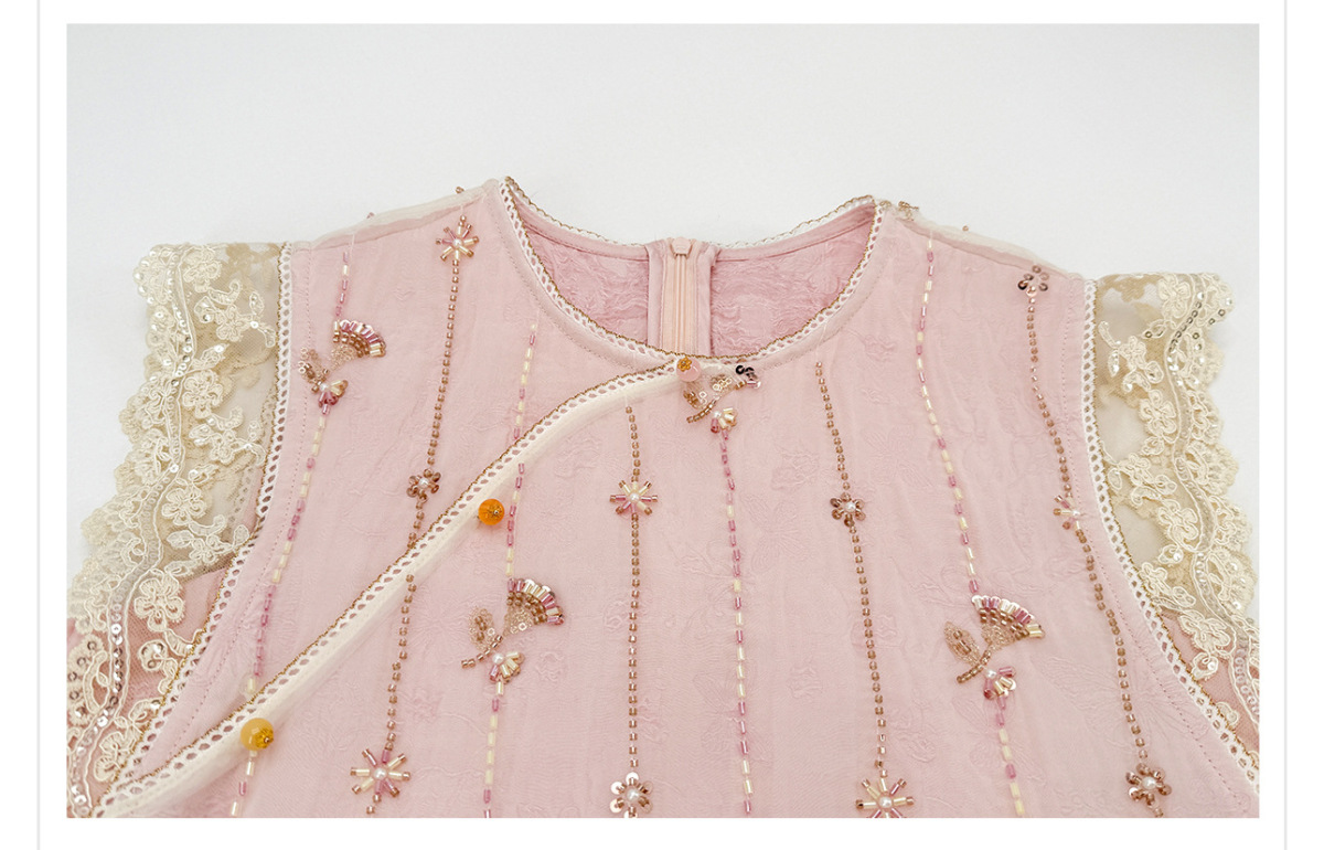 Đầm dài nữ thêu đính sequin phối ren tay cánh tiên dáng chữ A — Màu hồng nhạt