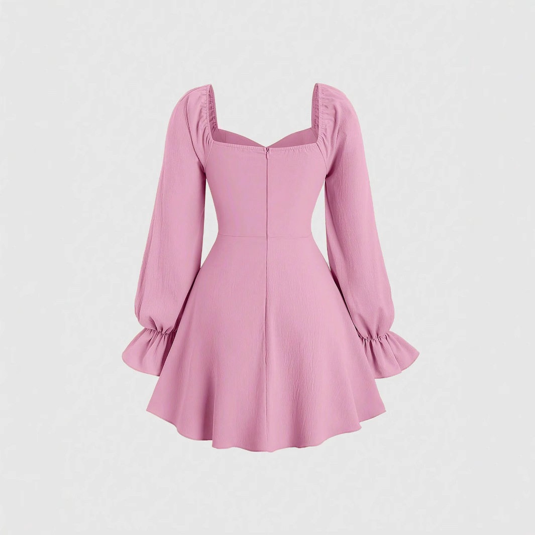 Pink Sweetheart Puff Sleeve Mini Dress Square Neck Waist Defining Flattering Fit Spring Summer Fashion Wholesale