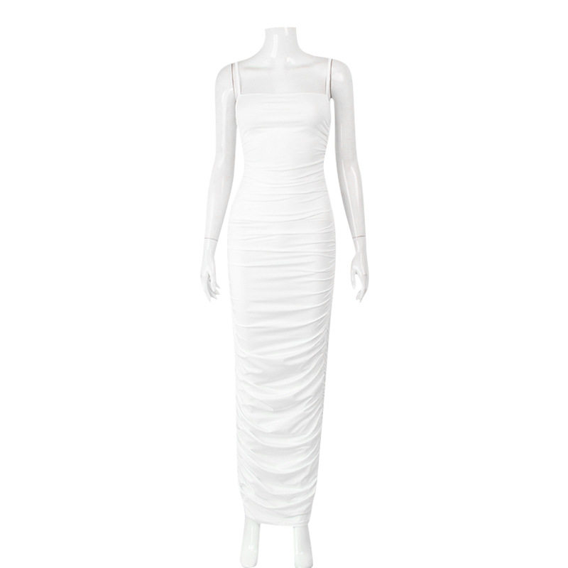 French Style Off Shoulder Bodycon Dress Pleated Design Solid Color Slim Fit Long Length Perfect for Parties or