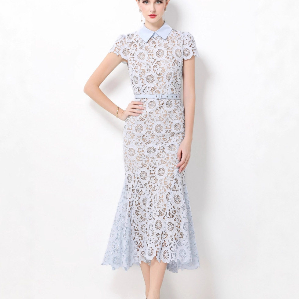 Elegant Lace Midi Dress Flattering Fit Hollow out Design Short Sleeves Perfect for Autumn Events Wholesale Available