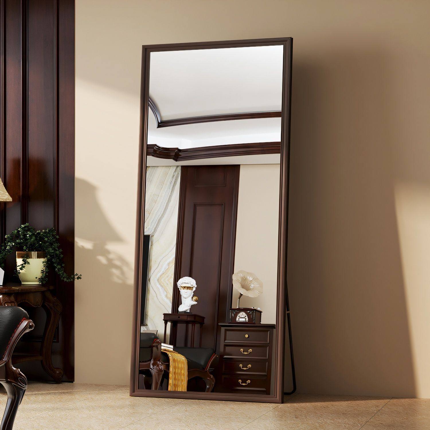 Large Mirror Solid Wood Full-Length Mirror Retro Dressing Mirror Floor Mirror Home High-End Internet Celebrity Girl Bedroom Fitting Mirror