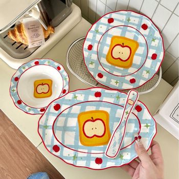 Cute Healing Red Apple Toast Ceramic Tableware Set Lace Plate Rice Bowl Breakfast Plate Pasta Dessert Plate