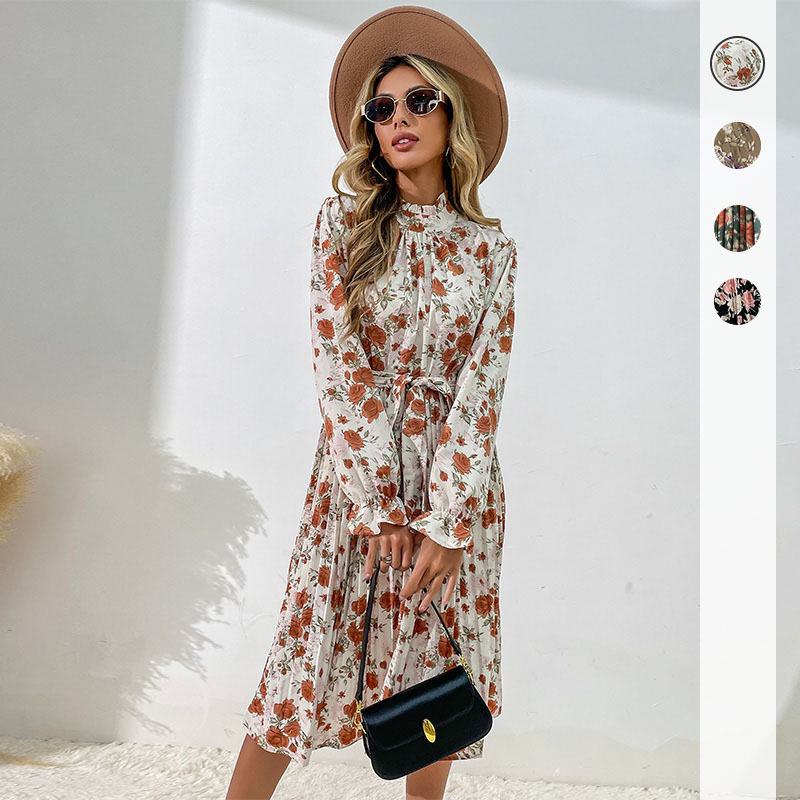 Floral Long Sleeve Midi Dress High Neck Elegant Design Trendy Style Perfect for Parties and Events Wholesale