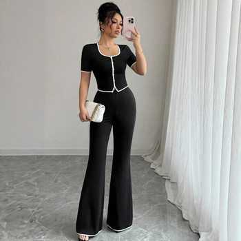 2025 European and American Cross-Border New Style Suit, Spring and Summer Elegant and Sexy Slim-Fit Round-Neck Short-Sleeve Top and Long Pants Two-Piece Set