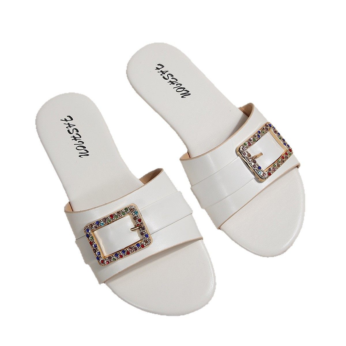 Cross-Border Women's Shoes Wholesale New Fashion Slippers Classic Temperament Versatile Solid Color Metal Decoration Round Toe Flat Sandals