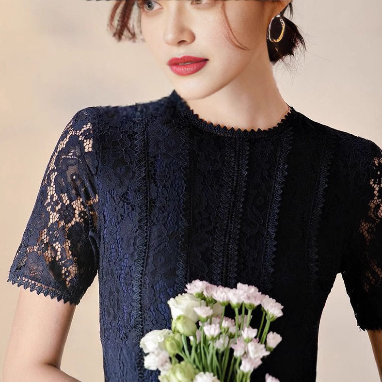 Lace Hollow Out Midi Dress Summer Collection Flattering A Line Silhouette Round Neck Comfortable Fabric Wholesale