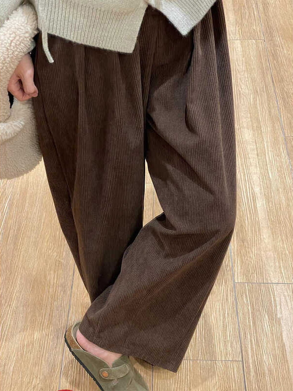 Corduroy Casual Pants for Pregnant Women in Spring and Autumn, Fleece-Lined Loose Plus-Size Slimming Maternity Straight-Leg Granny Pants for Autumn and Winter
