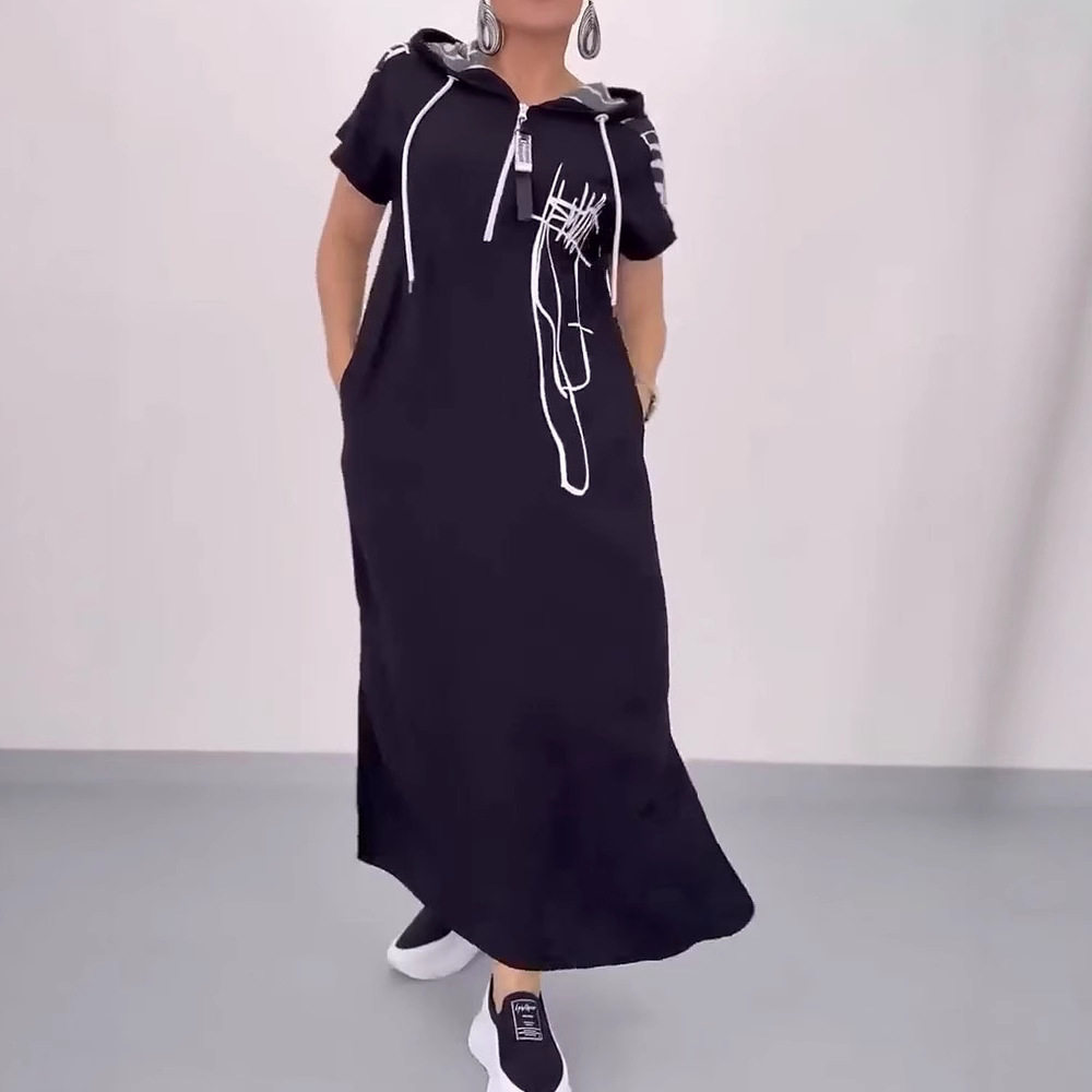 Casual Womens Dress Half Zip Hooded Loose Fit Color Block Design Fashionable for Everyday Wear Wholesale Available