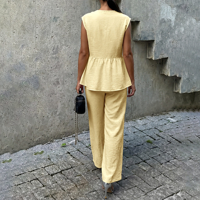 Sleeveless V Neck Vest and Pants Set Sweet Commuter Style Lightweight Linen Blend Wholesale Available