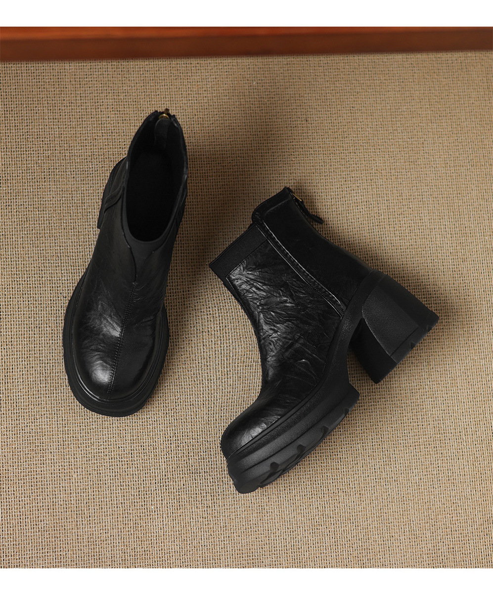 Boot Martin nữ đế dày gót thô 8cm khóa kéo sau dáng ôm chân — Lớp lót đơn màu đen, Lớp lót đơn màu nâu, Lót nhung đen, Lót nhung màu nâu