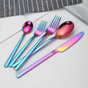 Cross-border Amazon stainless steel square handle tableware knife, fork and spoon five-piece hotel Western food set custom LOGO
