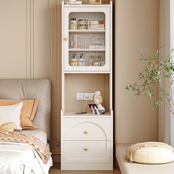 Solid Wood Bedside Table Bookshelf Storage Rack Integrated Floor-Standing Modern Cream Style Small Apartment Ultra-Narrow Bedroom Bedside High Cabinet