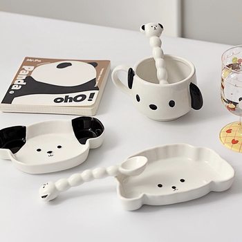 Ins Cute Cartoon Puppy Shape Ceramic Plate Spoon Children's Tableware suit Breakfast Dessert Fruit Plate Plate