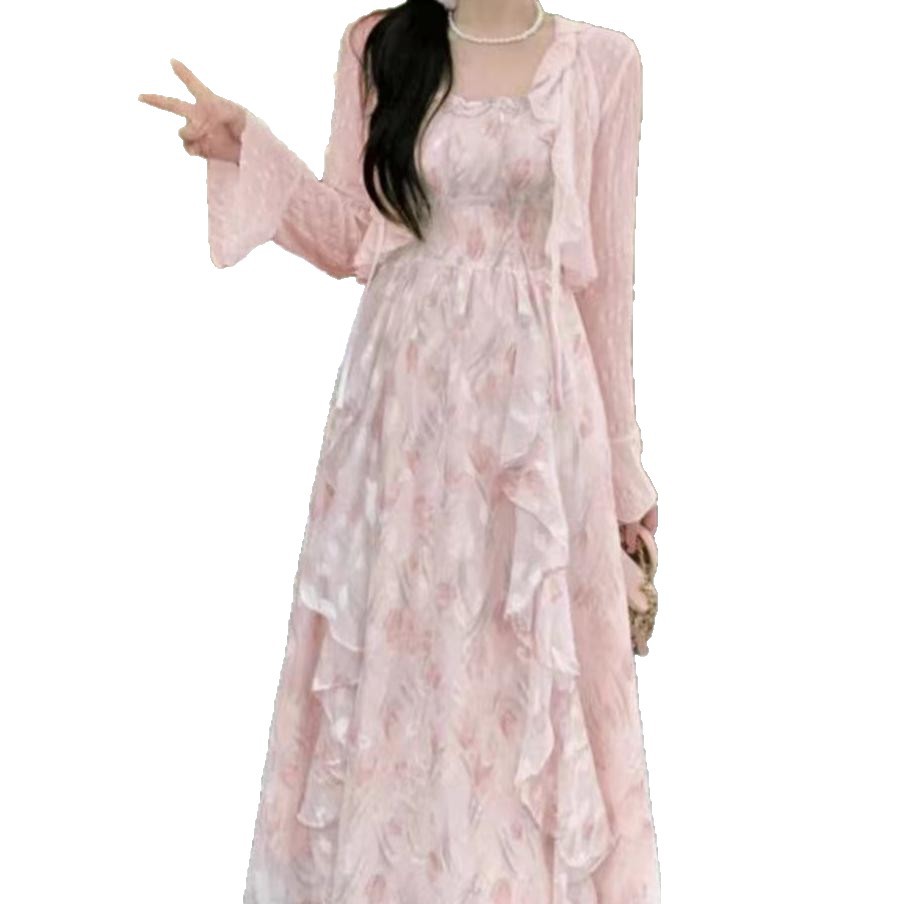 Lace A Line Midi Dress with Waist Tie Floral Print for Summer Vintage Style Wholesale factory direct