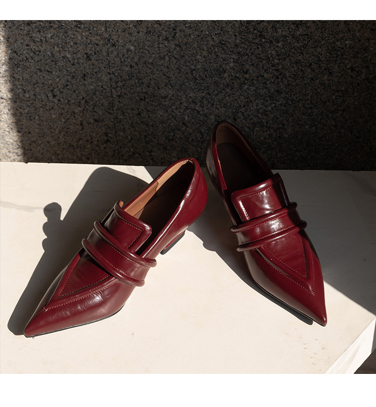 Giày lười nữ da bò mũi nhọn gót thô 5cm kiểu mule sục chân — Đỏ Ancora, Màu đen, Màu trắng