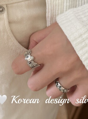 日系韩版小清新个性指环 S925纯银做旧涂鸦姜饼人猫咪房子戒指女