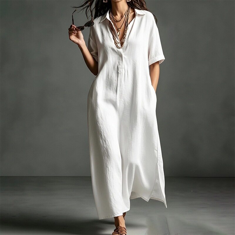 Womens Short Sleeve Polo Neck Long Dress Solid Color Casual Style Beach Vacation Wholesale Available