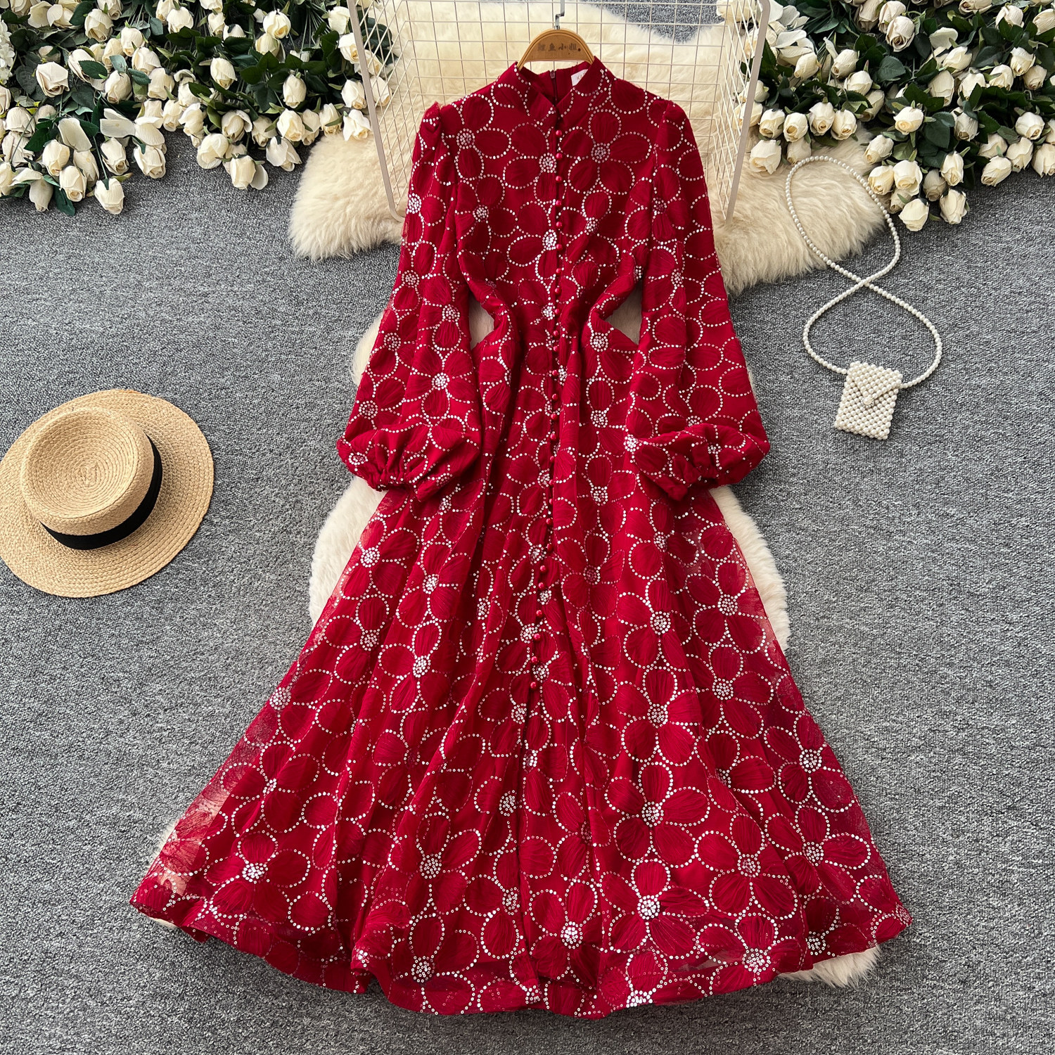French Romantic Style Lace Dress Stand Collar Lantern Sleeves A Line Silhouette Waist Defining Elegant Evening Wear