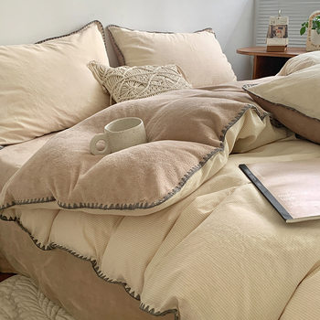 Winter milk velvet bed four-piece set AB surface cotton coral velvet fleece-lined quilt cover flannel plush bed sheet