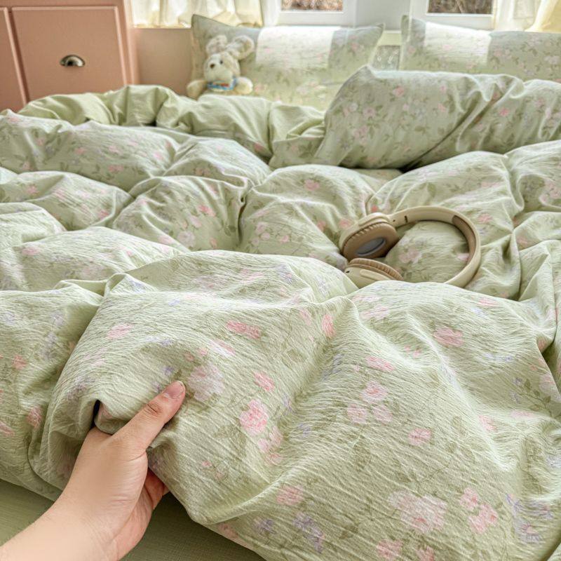 Ins Style a Category Mother and Baby Knitted Cotton Double-Layer Yarn Four-Piece Set of Fitted Bed Sheets Student Dormitory Quilt Cover Bed Bed Sheets Three-Piece Set