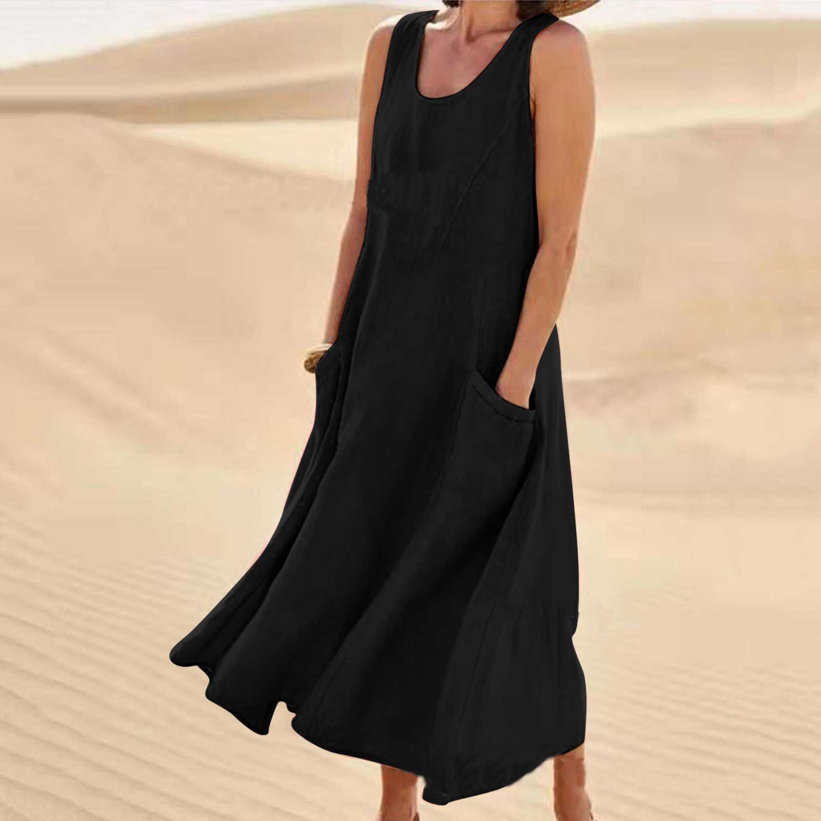 Summer Womens Cotton Linen Dress Sleeveless Round Neck Pocket Design Casual Wear for Everyday Use Wholesale