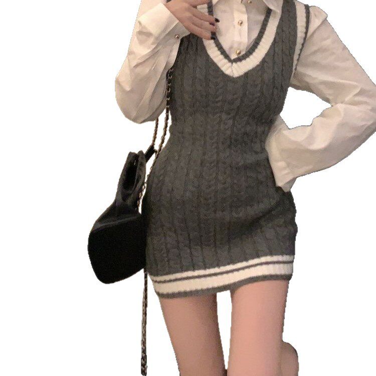 College Style V Neck Sleeveless Slim Knitted Vest Dress Short Skirt White Shirt Women's Spring & Fall Age-Reducing Two-Piece Suit
