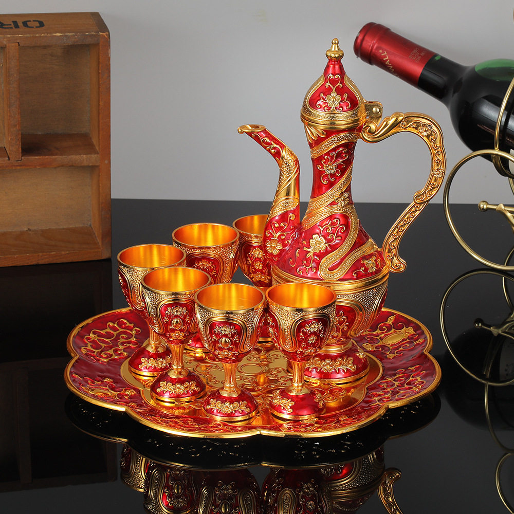 European-style Retro Liquor suit Household Creative Metal Cup Antique Wedding High-grade Old Wine Pot 8-piece Set for Delivery