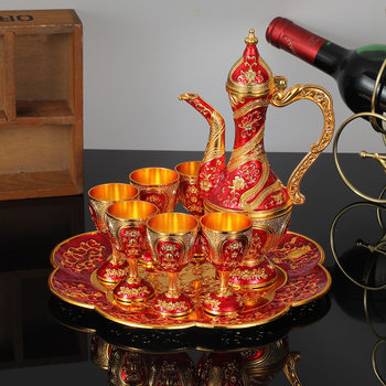 European-style Retro Liquor suit Household Creative Metal Cup Antique Wedding High-grade Old Wine Pot 8-piece Set for Delivery