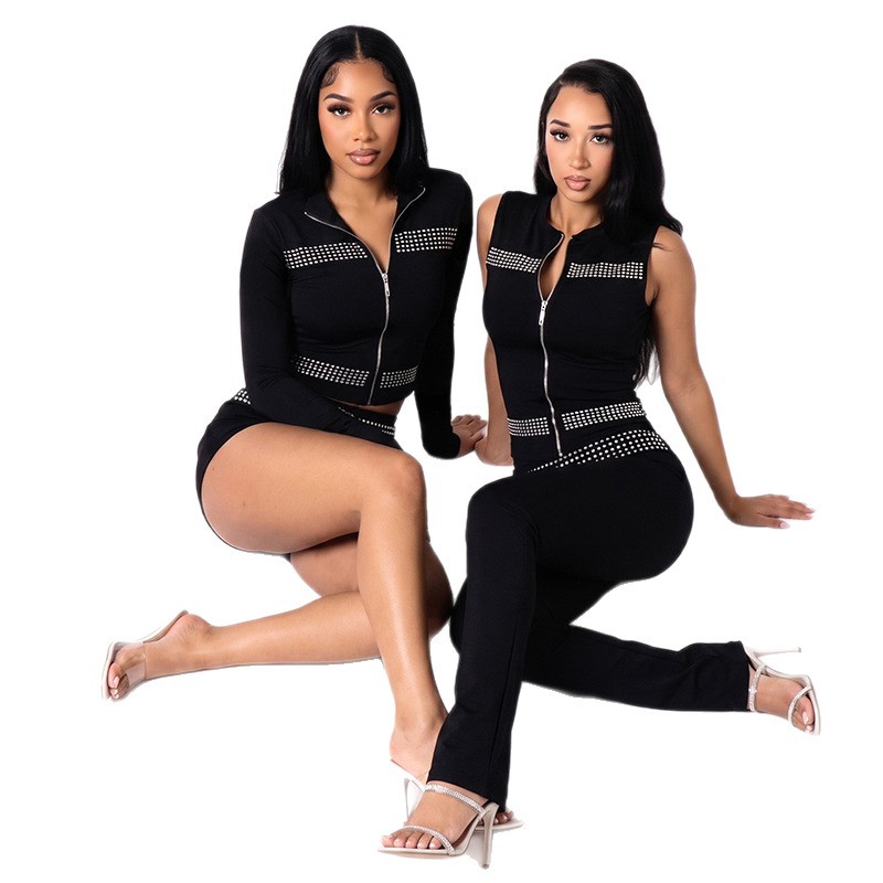 Womens Zip Up Long Sleeve Top Slim Fit Waist Defining Rhinestone Embellished Stylish Fall Outfit Wholesale