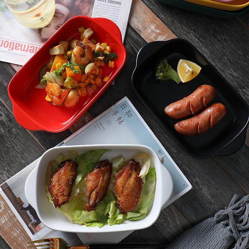 Baking Plate Baking Cheese Baked Rice Pasta Plate Bowl Binaural Long Plate Baking Bowl Oven Household Tableware Ceramic Plate