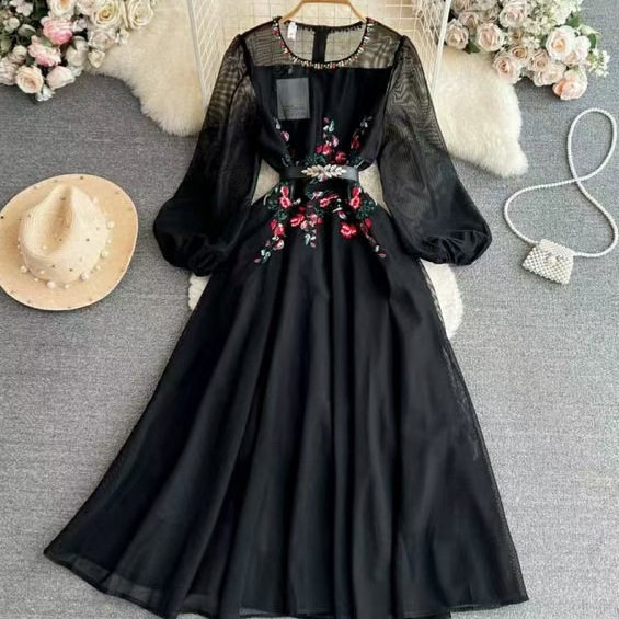Embroidered Mesh Long Sleeve Dress Beaded Detail Elegant Style Autumn Fashion Wholesale Available
