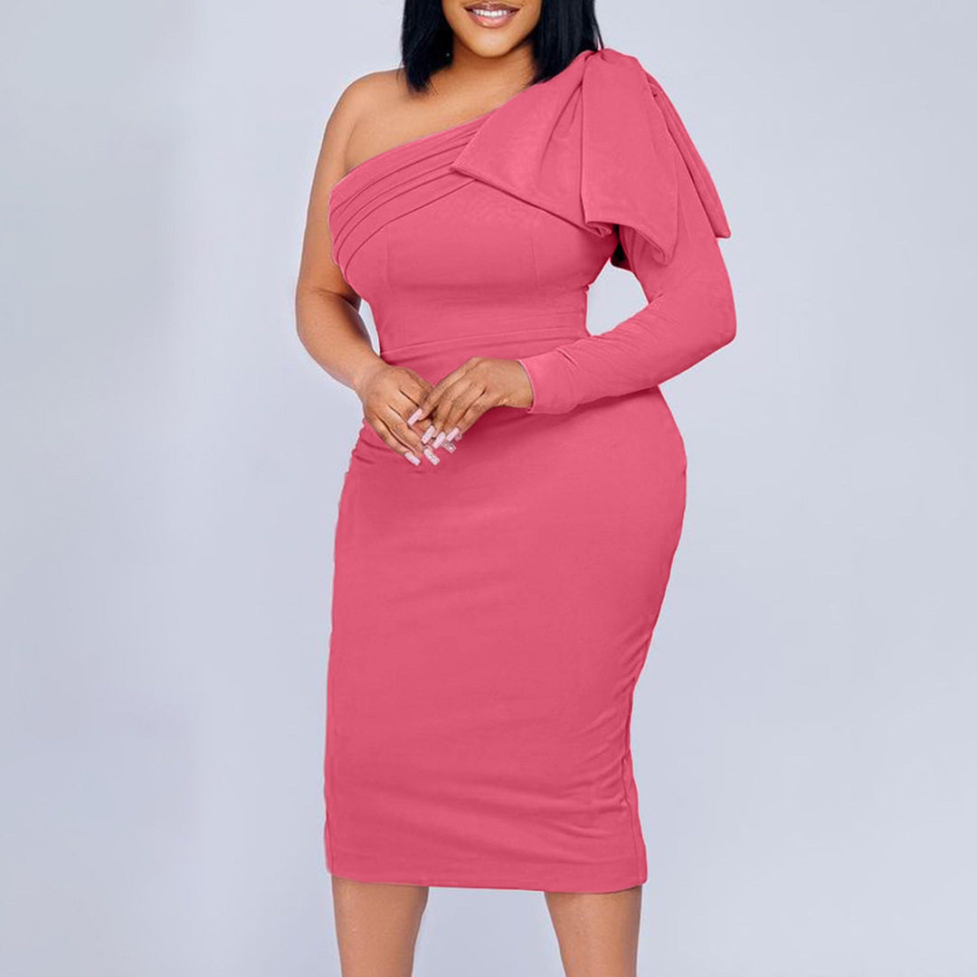 Plus Size Womens Dress Asymmetrical Neckline Solid Color Fashionable Bodycon Style Perfect for Parties or Events