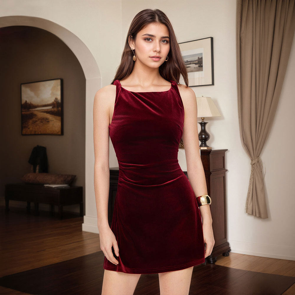 Vintage French Style Velvet Dress for Women Burgundy Slim Fit Spaghetti Straps Elegant Evening Wear Wholesale