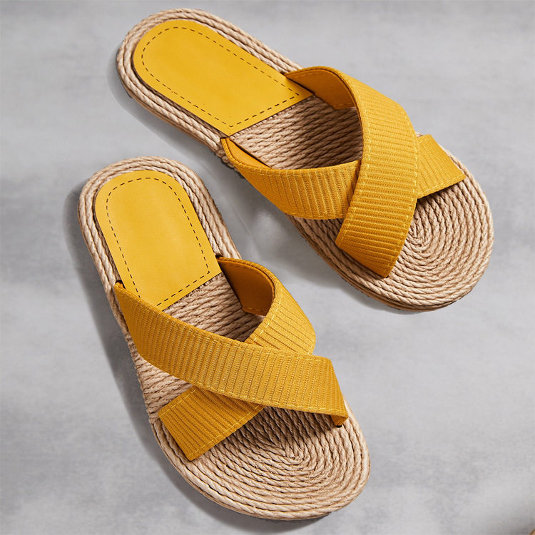 Women's one-word slippers hemp rope straw summer new outdoor cross slippers flat heel set feet