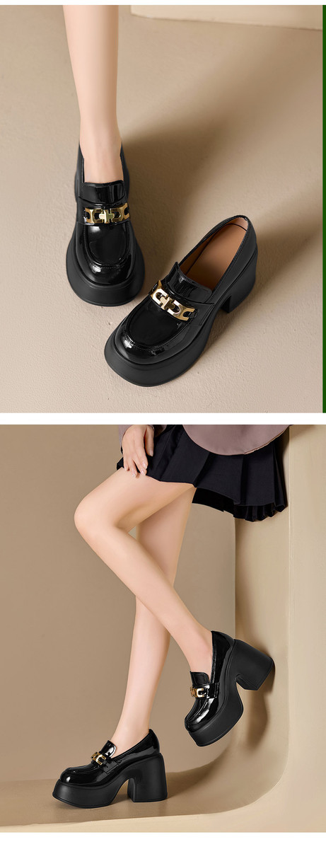 Giày lười nữ da bóng đế dày tăng chiều cao 10cm — màu đen, Màu trắng ngà