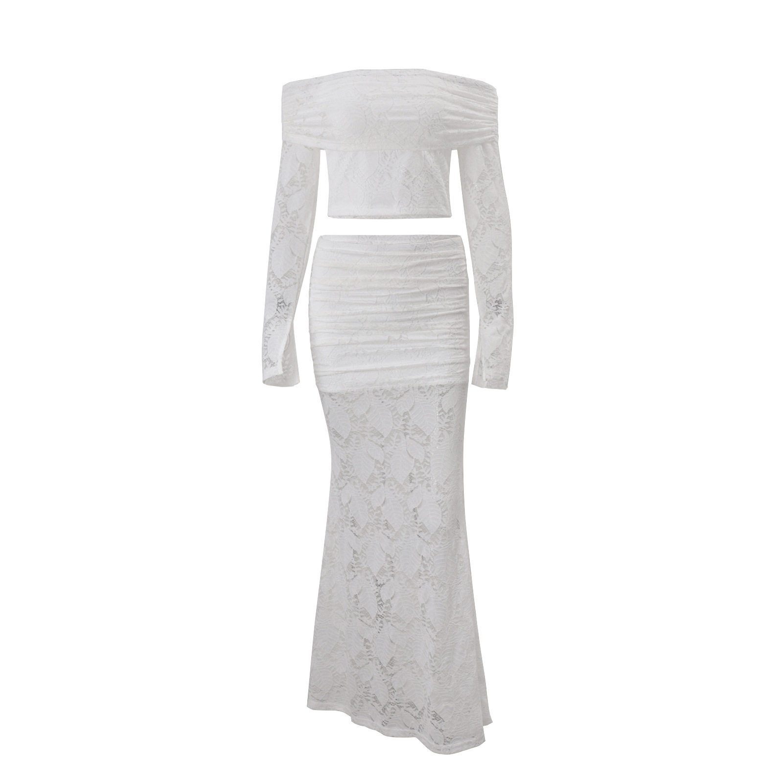 Off Shoulder Lace Long Sleeve Top and Fishtail Skirt Set Slim Fit Elegant Design Autumn Fashion Wholesale Available