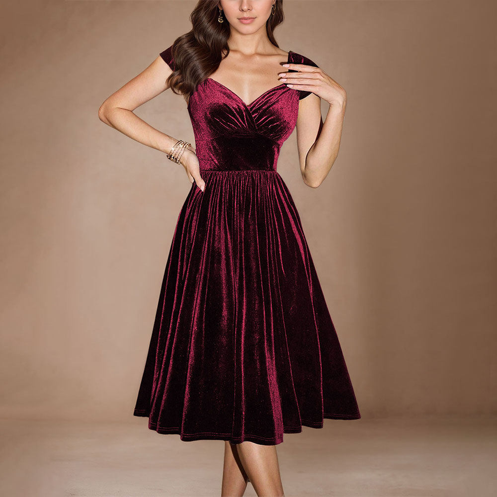 Burgundy Velvet Off Shoulder Maxi Dress Elegant Flare Skirt Evening Gown Perfect for Parties Wholesale Available