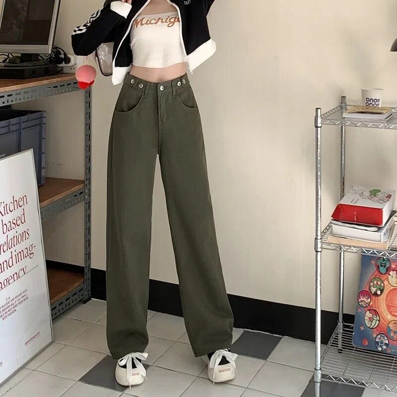 Plus Size Vintage High Waisted Slimming Jeans Loose Fit Straight Leg Green Color Autumn Casual Wear Wholesale