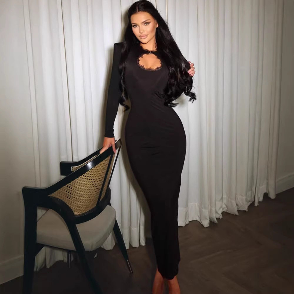 Slim Fit High Stretch Elegant Long Sleeve Dress with Hollow Chest Design and Shoulder Pads Pencil Skirt Style for Formal
