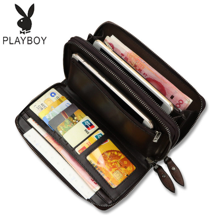 Playboy Official Genuine Men's Double Zipper Clutch Leather Texte Men's Wallet Mobile Phone Bag Men's Large Capacity