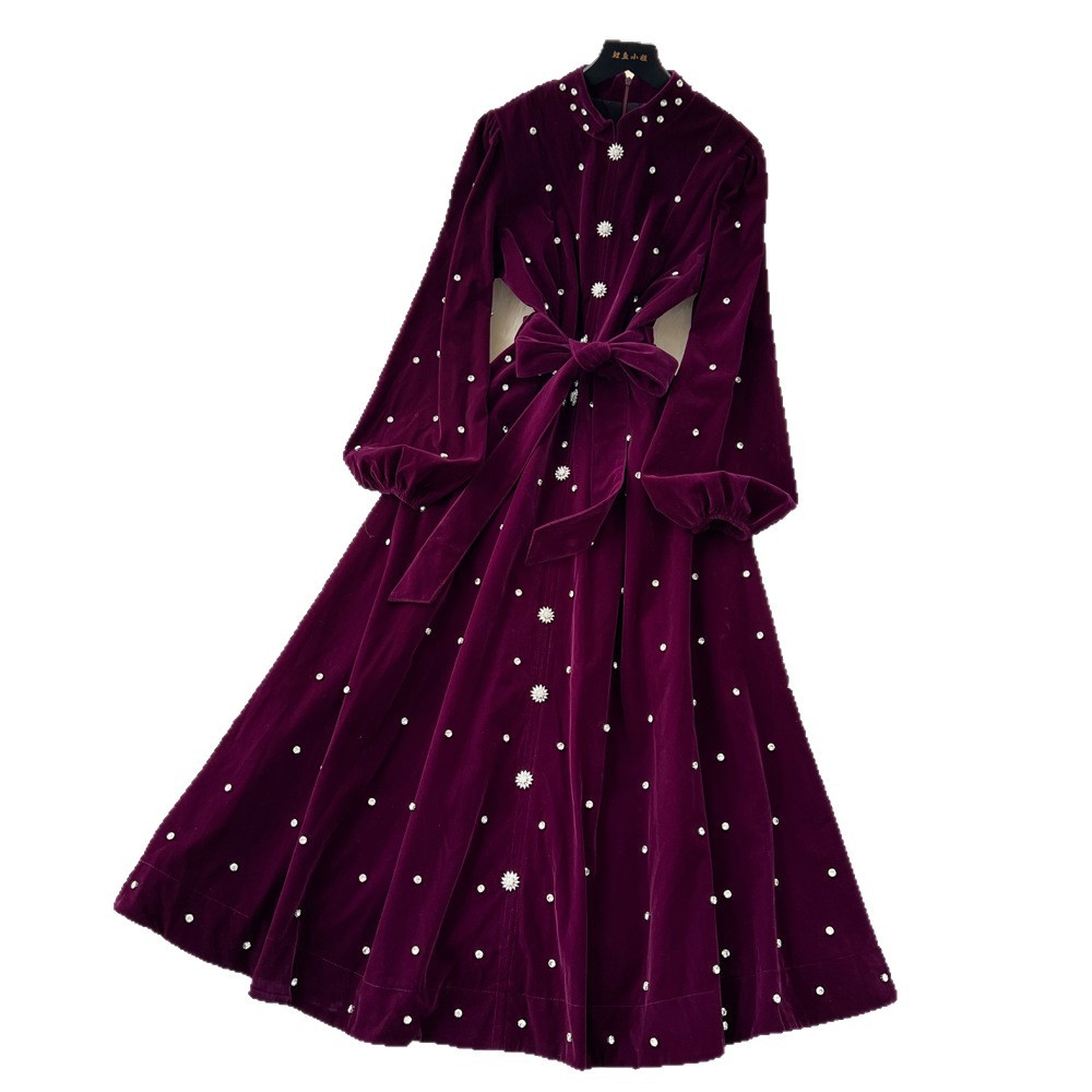 Vintage French Style Velvet Dress High End Embellishments Lantern Sleeves Waist Tie Button Closure Elegant Evening