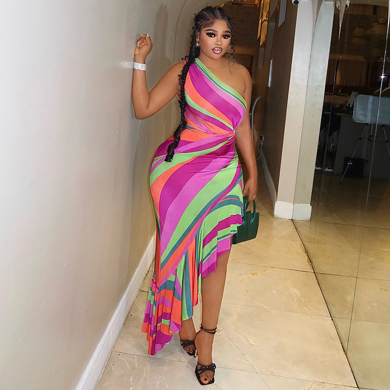 Fashionable Womens Rainbow Print Bodycon Dress Asymmetrical Neckline Summer Beach Style Wholesale Available