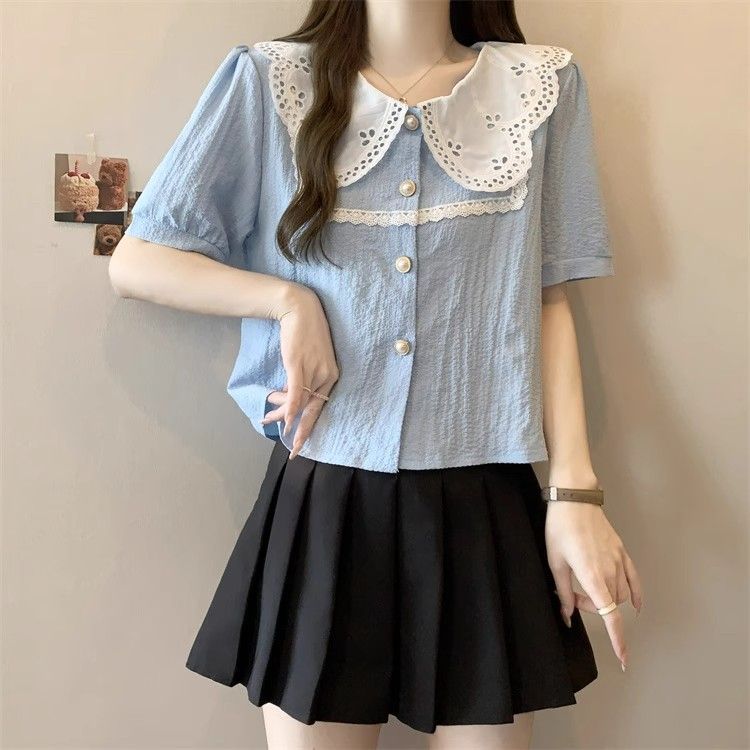 Pink Short Sleeve Doll Collar Blouse for Women Lightweight Comfortable Unique Design Summer Casual Wear Wholesale