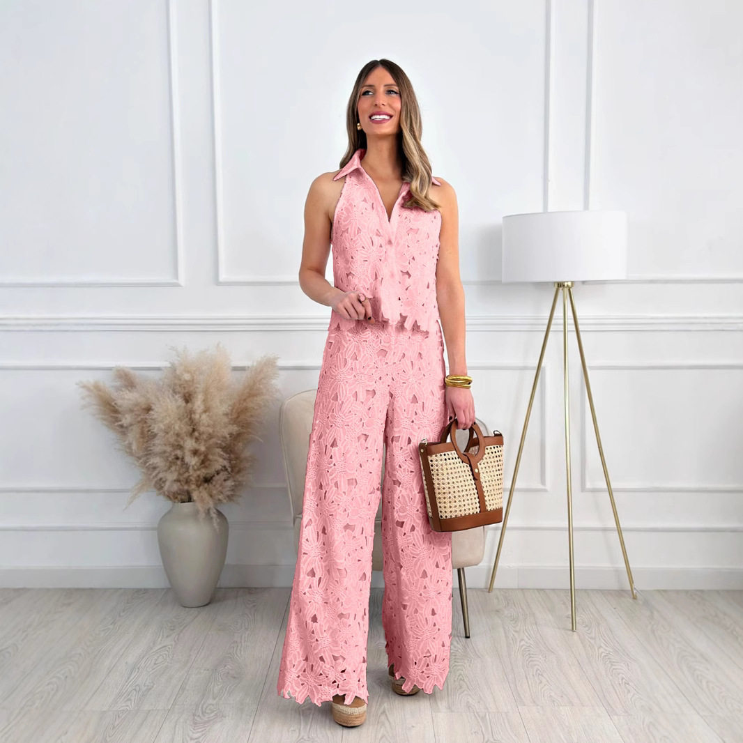 French Summer Embroidered Hollow V Neck Tank Top and Wide Leg Straight Pants Set Elegant Design Perfect for Casual
