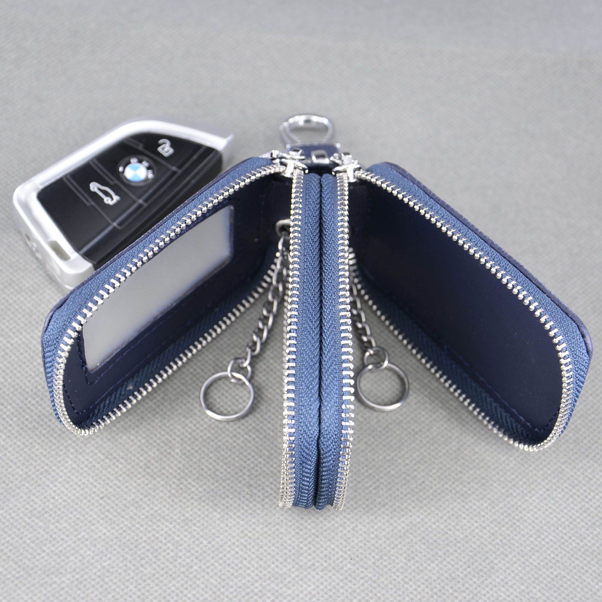 Fashionable Double Zipper Key Bag First Layer Cowhide Car Key Bag Genuine Leather Multi-Purpose Double Layer Key Bag Factory Wholesale