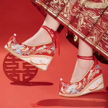 Auspicious Ruyi Wedge 2023 Autumn New Embroidered Red Chinese Wedding Shoes Ancient Style Inner Bridal Shoes Han Dynasty Shoes