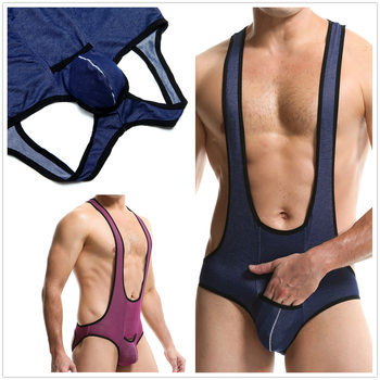 Cross-Border New Men's One-Piece Intimates Sexy Imitation Denim Home Wear Wrestling Clothing Back Empty Briefs 2402