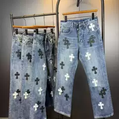 Cross-Border Foreign Trade Wholesale Ch Crow Classic Cross-Stitched Distressed Leather European and American Versatile Casual Loose Denim Pants