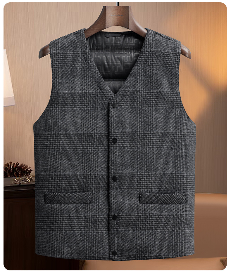 Áo gile phao len nam dáng vest không cổ, lông vũ trắng 80% giữ ấm mùa thu đông — cà phê, đen, lưới màu xám đậm, lưới màu xám nhạt